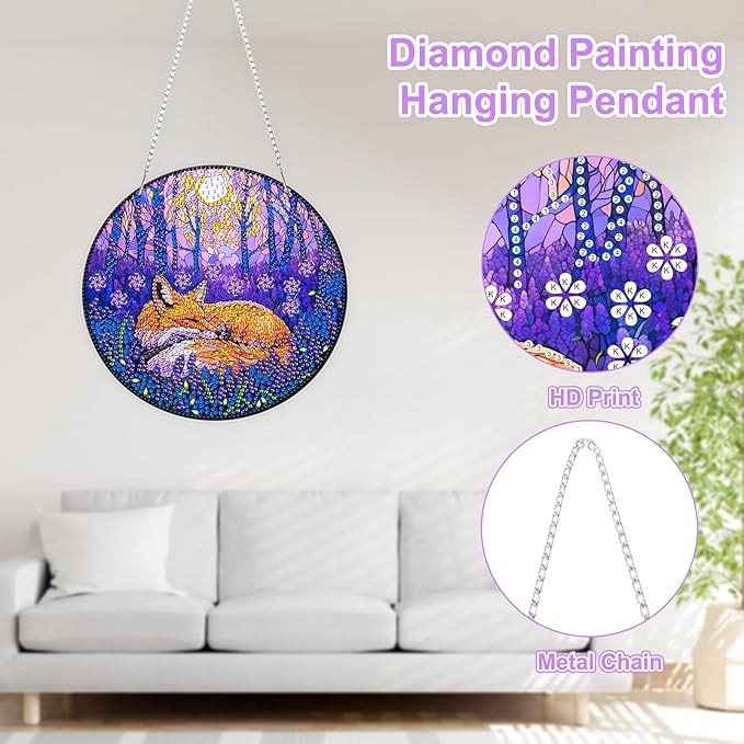 TOSTOG Fox Diamond Art Hanging Kits for Adults, Purple Jungle Diamond Painting for Adults Window Pendant, Special Shape Diamonds Diamond Painting Hanging Pendant Kit for Wall Home Decor Gift