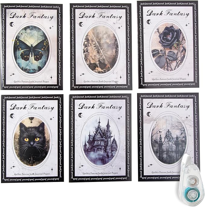 180Pcs Dark Fantasy Scrapbook Paper, Vintage Gothic Journal Ephemera Pack, Junk Journal Supplies for Scrapbooking Kit, with Glue Tape