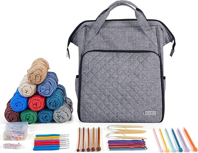 HOMEST Crochet Bag Organizer, Large Capacity Yarn Storage, Knitting Bag for Carrying Projects, Crocheting Hooks, Suppliers, Needles and Accessories, Grey