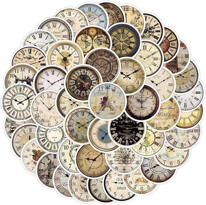 Retro Clock Stickers for Scrapbooking,50 Pcs Vintage Timepiece Decals, Waterproof Vinyl Stickers for Journals, Laptops, Home Decor, Ideal for Vintage Lovers Adults (Clock)