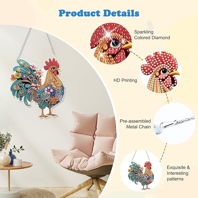 HEIBAGO Chicken Hanging Diamond Art Kits for Adults, Rooster Special Shaped Crystal Diamond Painting Ornament Kit, DIY Double-Sided Pattern Window Pendant Gem Art Kit for Home Wall Decor 8.3x8.3inch