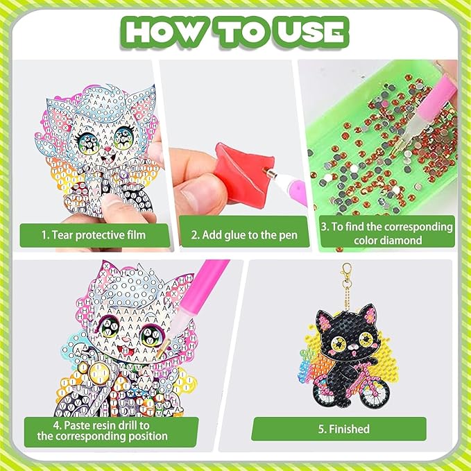 Masendp 8 Pieces Diamond Painting Keychain Animal Cat Style Diamond Art Jewelry Double-Sided 5D Diamond Painting Kit for Beginners Adult DIY Art Craft Gifts Home Decor for cat Lovers Best Gifts