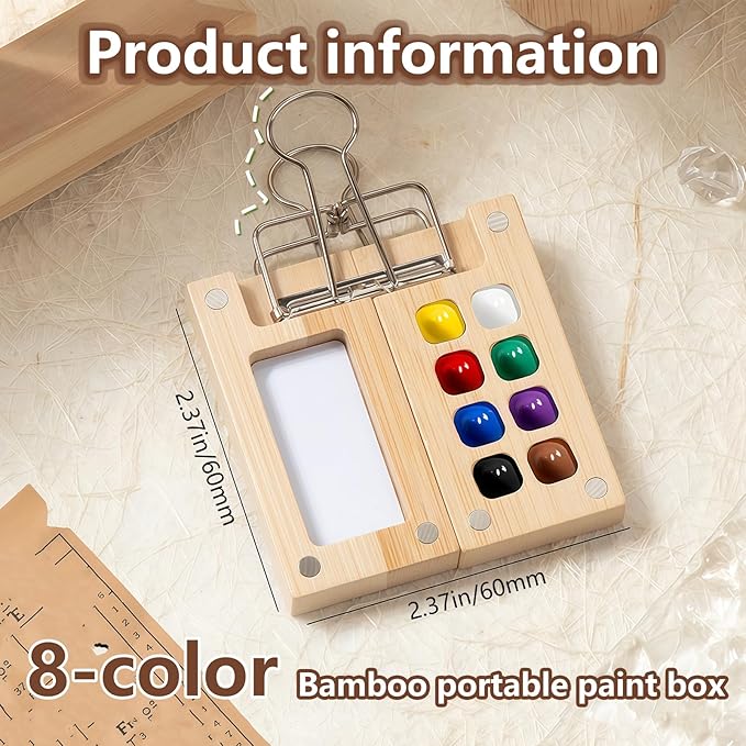 Mini Watercolor Paint Set Bamboo Travel Kit with Watercolor Palette Paintbrush Storage Bag and Water Storage Bottle Ready to Use Watercolor Sets for Artists and Beginners(8 Squares)