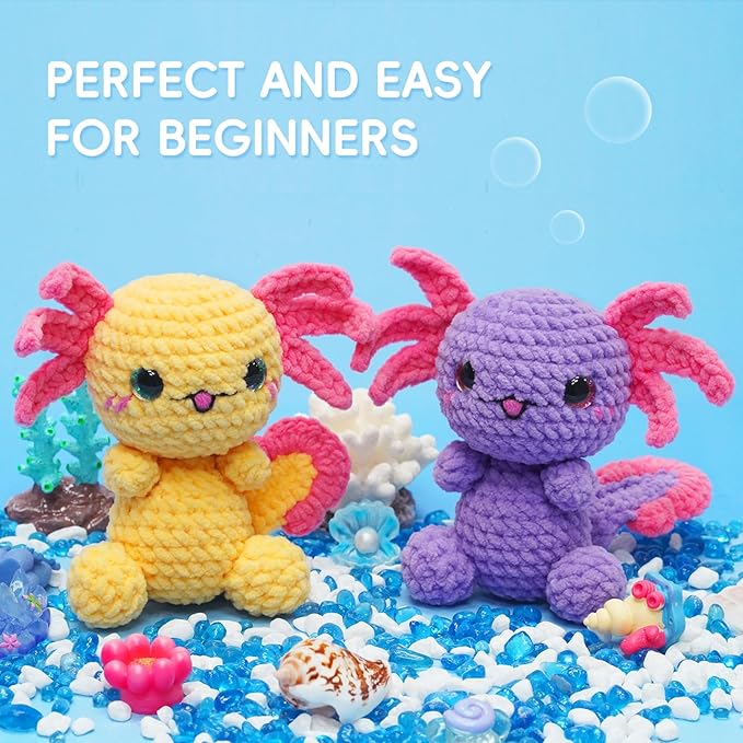 LUDOTEK Crochet Kit for Beginners, Crochet Animal Kits,Crocheting Kit for Starters with Step-by-Step Video Tutorials, Beginner Crochet Kits for Adults(2 Pack Axolotl)
