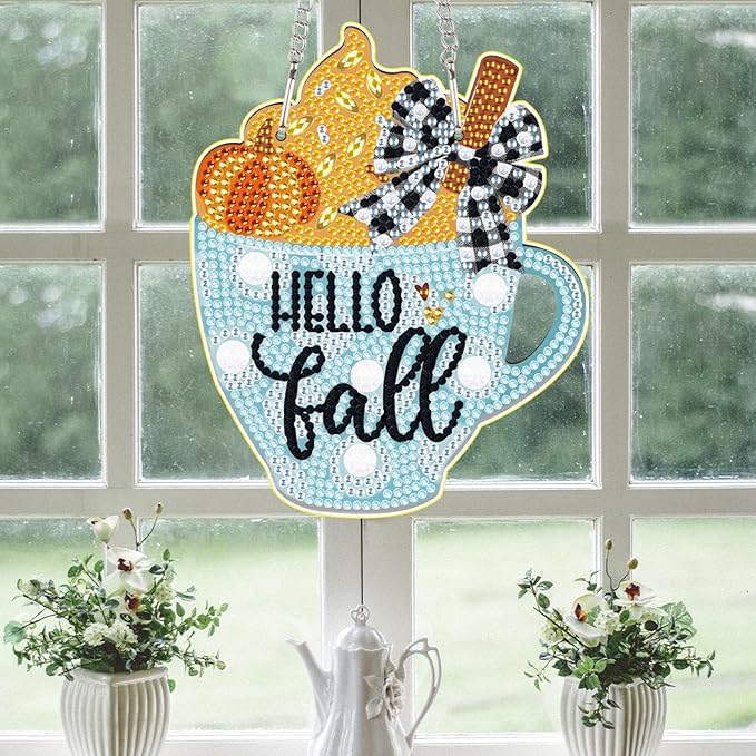AiYuanzsh Hello Fall Diamond Painting Hanging Kit, 5D DIY Cup Shaped Ornament, Crystal Rhinestone Diamond Art Pendant for Window, Door or Wall Decoration, Thanksgiving Autumn Home Décor Craft Gift