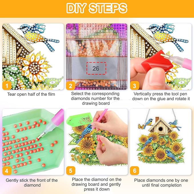 QENSPE Diamond Painting Art Hanging Kits for Adults, 5D Sunflower Diamond Paingting Ornaments with Chain, DIY Blue Birds Crystal Window Pendants for Home Wall Decor Double Sided Gift 8X8 inch