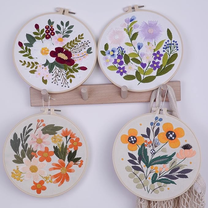 bonroy 4 sets embroidery set for beginners art crafts easy sewing includes embroidery clothes with pattern, hoop, instruction manual, color stitch set (assorted 1)