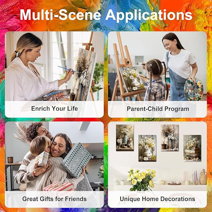 4 Pack Paint by Numbers for Adults with Framed Canvas - with Wooden Easel, Vintage Flower Paint by Number, Daisy Rustic Flowers Acrylic Oil Painting on Canvas with Brush for Home Wall Decor 8x12 inch