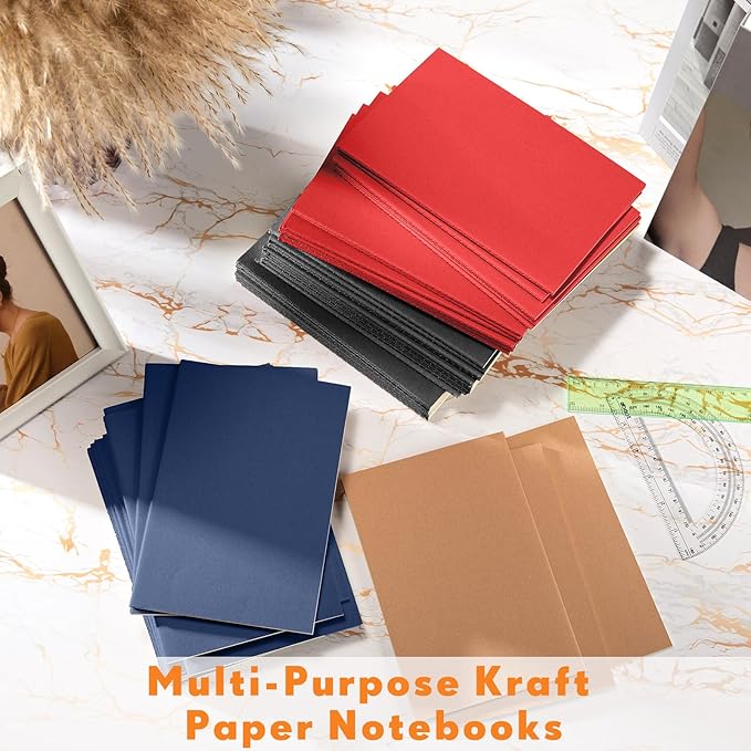 mimorou 100 pcs journals notebooks bulk - kraft softcover a5 small notebooks 5.5 inch x 8.3 inch notepads with 60 page 30 sheet for writing sketch travel office supplies(black, brown, red, navy,lined)
