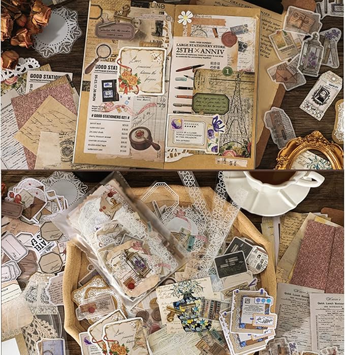 Esweny 260PCS Vintage Journaling Scrapbooking Supplies Scrapbook Sticker Paper Ephemera Pack for Junk Journal Planners Collage Craft Notebooks Album (Pen Ink and Letter)