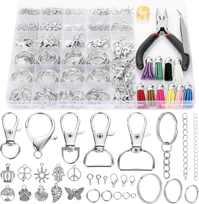 funtopia 740pcs keychain making kit, key chain supplies including keychain clip, key rings, lobster claw clasps, jump rings, pliers, tassels for key chain making, purse making, lanyard making