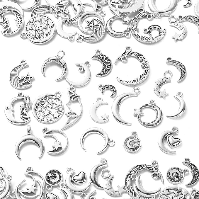 DanLingJewelry 100Pcs Mixed Styles Antique Silver Moon Charms Tibetan Moon and Star Charms for Crafting Jewelry Findings Making