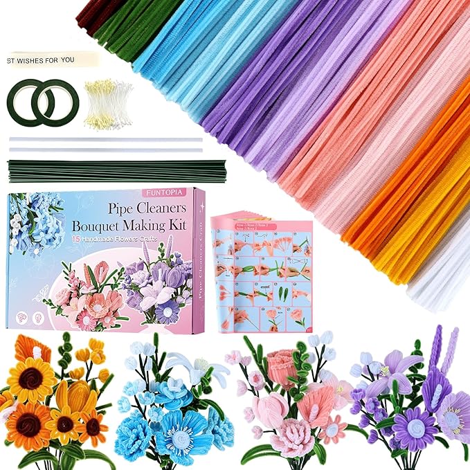 Pipe Cleaner Flower Kit, 540Pcs Pipe Cleaners Craft with 15 Designs Guiding Book, Flower Making Kit with Chenille Stems & Floral Wires, DIY Bouquets and Party Decorations (Multicolor, 12in x 7mm)