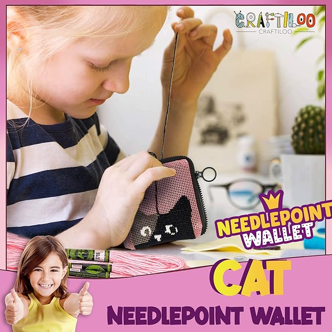 CRAFTILOO Needlepoint Kit for Kids — Beginner Cross Stitch Sewing Kit with Pre Printed Canvas, Easy Embroidery Arts and Crafts Starter Set for Girls and Boys Ages 6-12 (Cat)