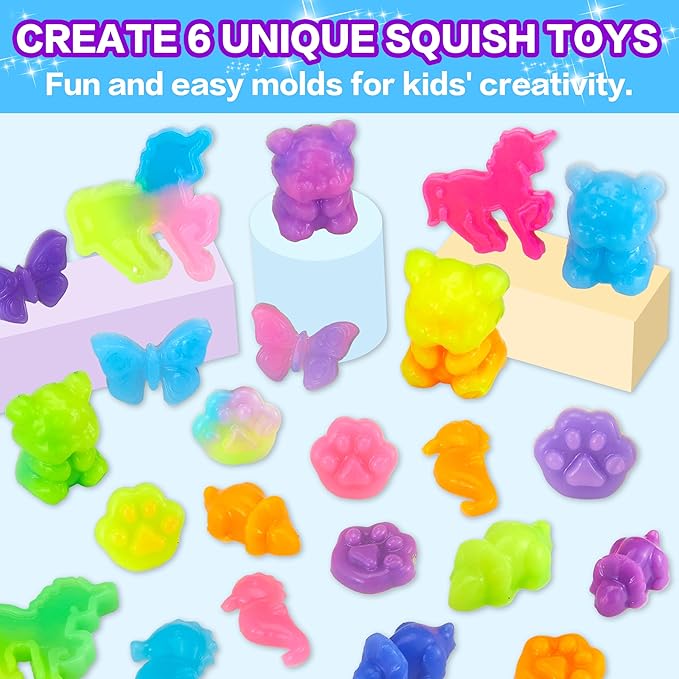 Carolart Make Your Own Squishies Animal Toys,6 Rubber Characters Making kit,Glow-in-the-Dark Science Activity kit, Silicone Squishies Craft Kit,Squeeze Gift Set for Boys and Girls Ages 6-12