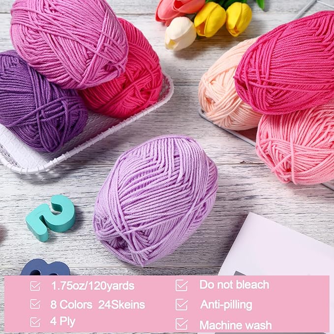 24 Skeins Soft Cotton Yarn Total 2880 Yards Assorted Colors Yarn for Crocheting and Knitting 4 Ply Acrylic Gauze for DIY Crafts Project, Each Skein 1.76 Oz/120 Yard(Purple Series)