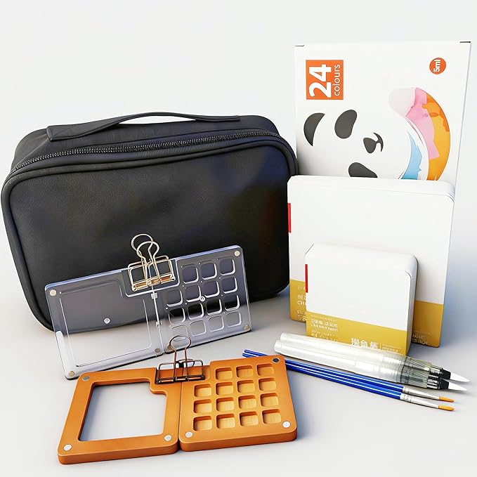 Mini Watercolor Travel Paint Set, Acrylic Painting Palette and Wooden Paint Box(15 Grids), 2 Sketchbooks, 2 Brush Pens and 24 Color Paints. Perfect for Artists, Students and Painters on The Go