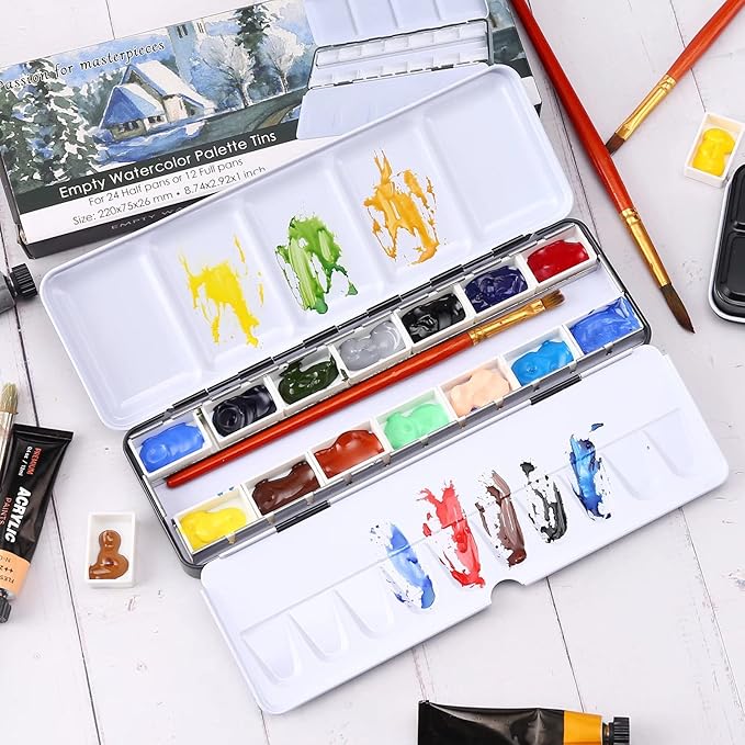 LOONENG Metal Watercolor Tray Palette with 14 Empty Full Pans for Plein Air, Acrylic and Oil Painting