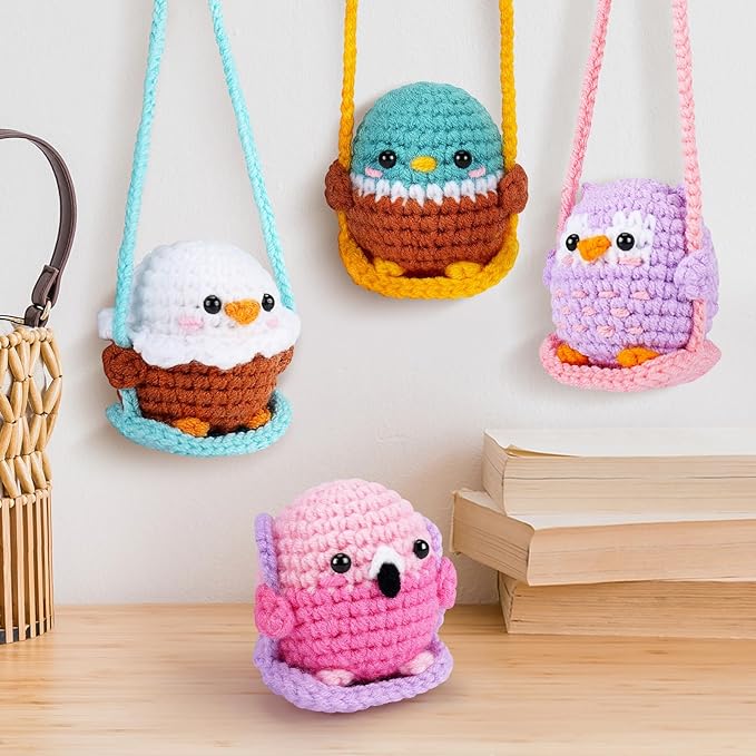 Crochet Kit for Beginners -4 PCS Bird Crochet Kits with Step-by-Step Video Tutorials, Beginner Crochet Kit for Adults, Crochet Birds On The Swings(Mallard Bald Eagle Flamingo Owl)