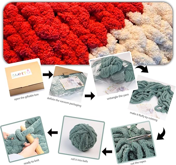 SUNTQ 8 Pack Chunky Chenille Yarn for Crocheting, Bulky Thick Fluffy Yarn for Hand Knitting Blanket, Soft Plush Knitting Yarn for Cushions, Pet Bed,Home Decor,Christmas Red(32 yds,8.8 oz Each Skein)