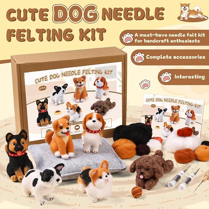 Mayboos 6 Pcs Needle Felting Kit, Animal Needle Felting Beginner Kits Wool Felt Needle Felting Tools with Instruction for DIY Craft Animal Home Decoration (Cute Dog)