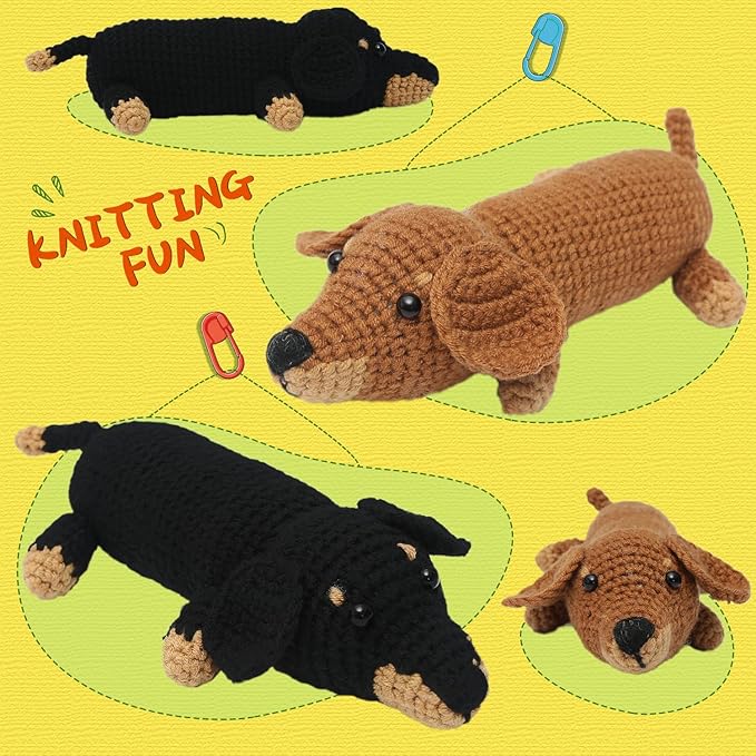 GONELYON Crochet Kit for Beginners - 2 PCS Crochet Dachshund Beginner Crochet Kit, with Step-by-Step Video Tutorials, Beginner Crochet Kit for Adults, Animal Craft Knitting Kit Crochet Gifts