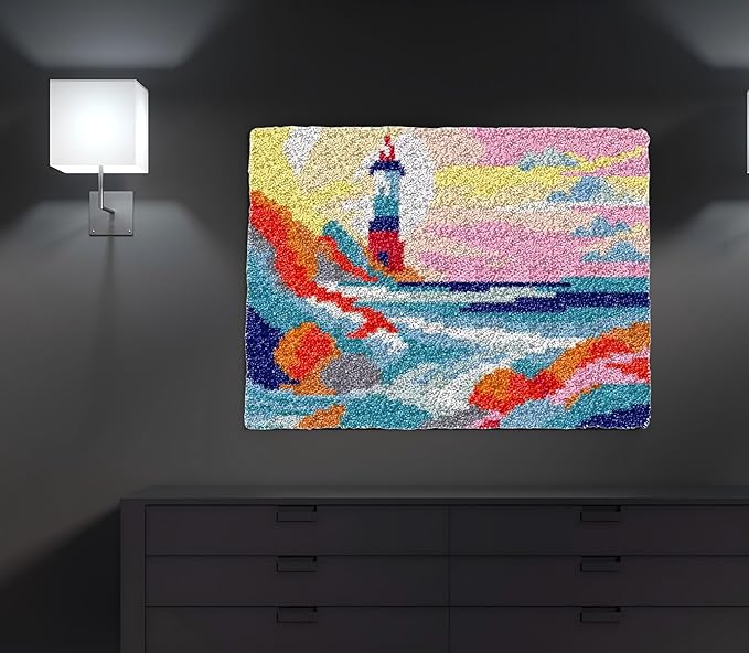 GLAECYY Latch Hook Kits Rug Crochet Yarn Kit Cushion Colour Pre-Printed Canvas Rug Needlework DIY Hook and Latch Kit (Seaside Lighthouse)