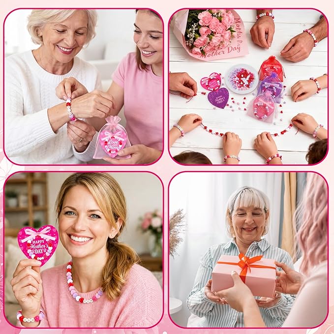 Kigeli Mother's Day Heart-Shaped Card Set for Crafters - DIY Gifts, Card Making, Jewelry, Personalized Presents - Includes 24 Cards, 600 Beads, Organza Bags, Elastic Thread & mom Beads