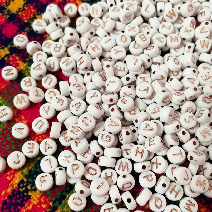Amaney 1000pcs 7×4mm White Round Acrylic with Rose Gold Alphabet Letter Beads for Jewelry Making