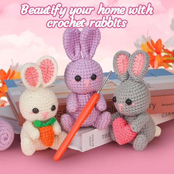 ekaus Crochet Kit for Beginners, Crochet Kit with Step-by-Step Video Tutorials, Crochet DIY Knitting Supplies for Adults, Crochet Rabbits(45%+ Yarn)