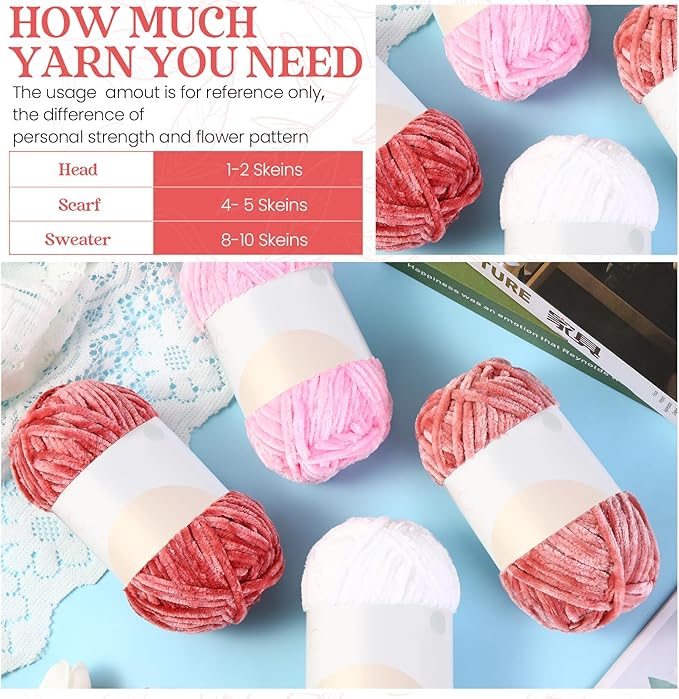 Xinnun 12 Skeins 1116 Yards Chenille Velvet Soft Thick Plush Yarn Bulk for Crocheting Knitting Blanket DIY Weaving Craft, 6mm, 3.5 Oz/Skein(Pink Series)