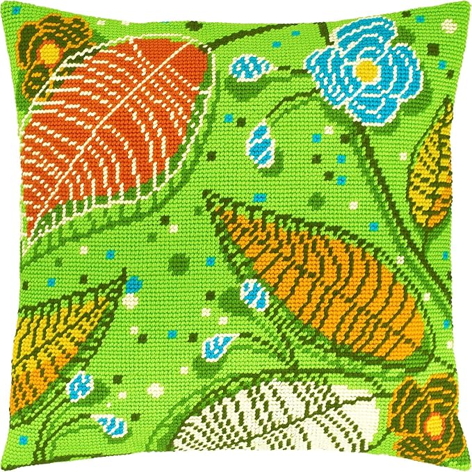Brvsk Summer Stamped Cross-Stitch Kit for Adults and Beginners — Green 16″ × 16″ with Clear, Precise Printed Design on Cotton Canvas; Includes 2 Needles, Yarn, and Easy-Read Chart