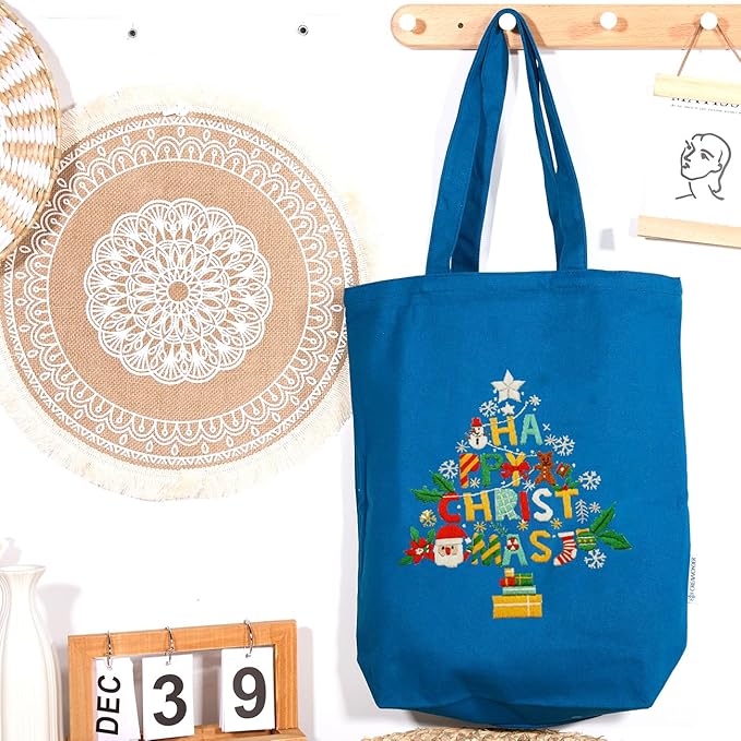 CREAWONDER Canvas Tote Bag Embroidery Kit with Pattern for Beginners, Arts and DIY Embroidery Crafts Kits for Adults, Include Instructions, Thimble, Embroidery Hoops, Color Threads and Tool