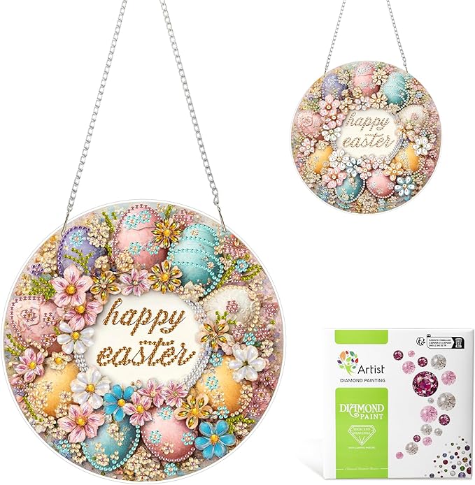 MAXBYE Easter Hanging Diamond Art Kits for Adults Colorful Eggs with Flowers, Special Crystal Double Sided Pendant DIY Diamond Art Painting Kits for Beginners Gift Wall Home Decoration 8×12Inch