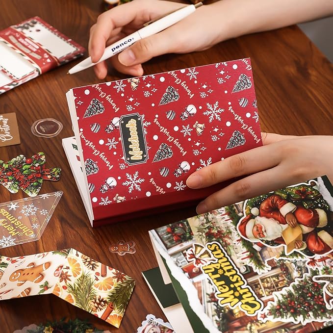 PRSTINCOL Christmas Scrapbook Kit Junk Journaling Supplies with A6 Notebook, 157 Pieces Stationery Set for DIY Gift, Teens Women - Vintage Style