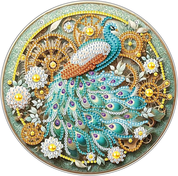 Generic DIY Hanging Diamond Pendant Special Shaped Crystal Diamond Art Painting Ornament Single Sided for Window Home Garden Wall Door Decor-Green Peafowl