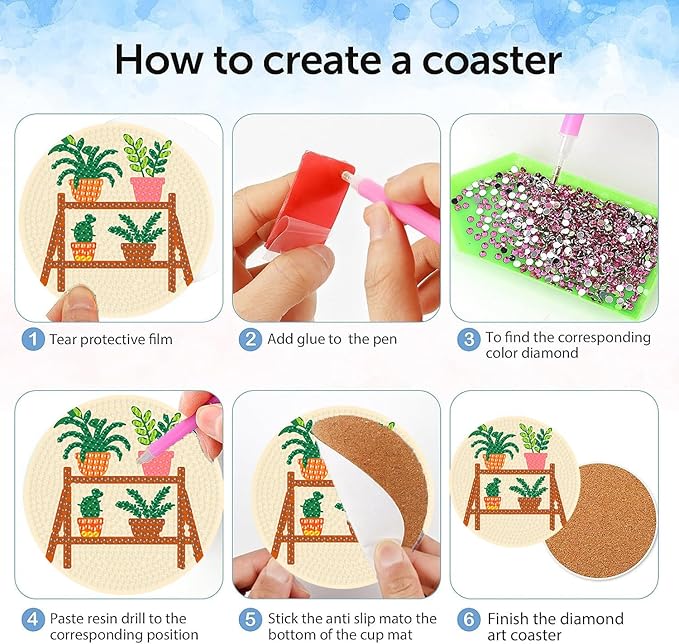 8 Pcs Diamond Art Coasters Kit with Holder, DIY Green Plants Diamond Painting Coasters for Beginners Adults, Non Slip Diamond Art Kits Craft Supplies 4x4inch