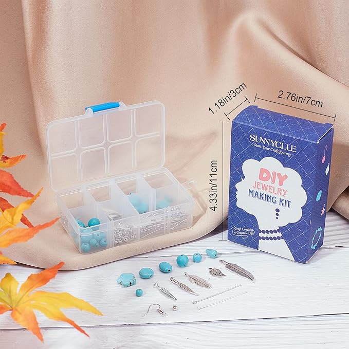 SUNNYCLUE 1 Box DIY 12 Pairs Turquoise Bead Dangle Earrings Making Kit Alloy Enamel Leaf Feather Pendants Charms with Eye Pin & Earring Hooks for DIY Earring Jewelery Making, Antique Silver