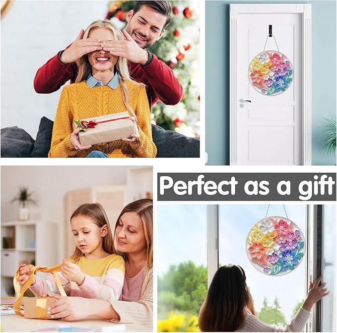 Bimkole Colorful Flowers Diamond Art Hanging Kit for Adult, DIY 5D Diamond Art Stamens Window Pendant, Acrylic Crystal Art Hanging Ornament Home Wall Garden Front Door Sign Outdoor Decor 7.8x7.8 Inch