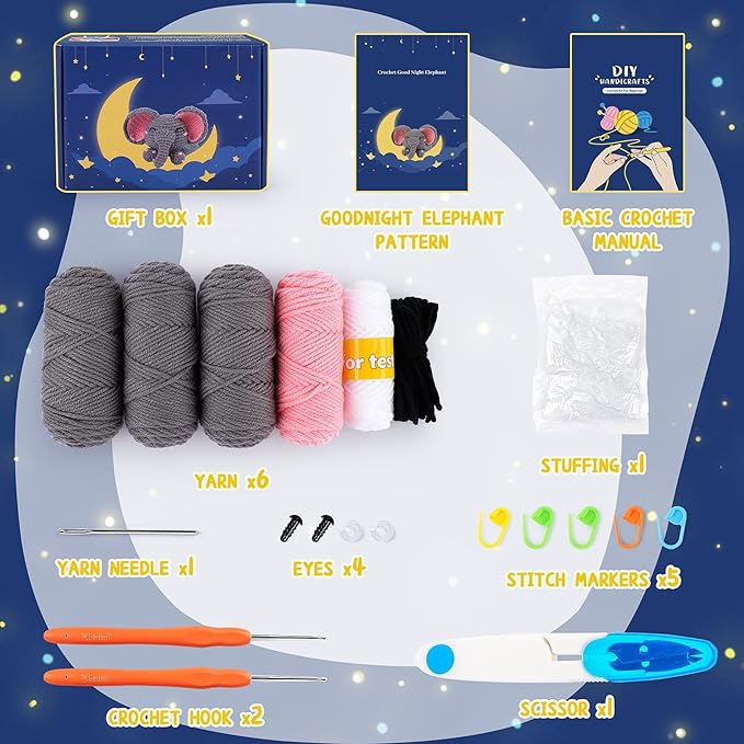 Fortuning's JDS Crochet Kit for Beginners - Elephant Crochet Kits with Step-by-Step Video Tutorials, Beginner Crochet Kit for Adults, Crochet Animal Kit, Goodnight Elephant Crocheting Set (Grey)