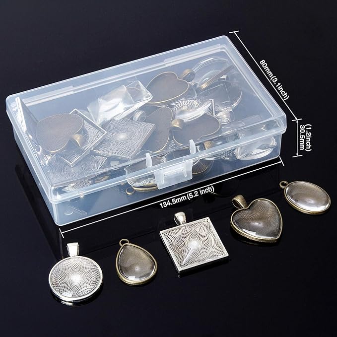 60 Pieces 5 Styles Pendant Trays 30pcs Round & Square & Heart & Teardrop & Oval and 30pcs Bright Glass Cabochon Dome Tiles for Crafting DIY Jewelry Gift Making