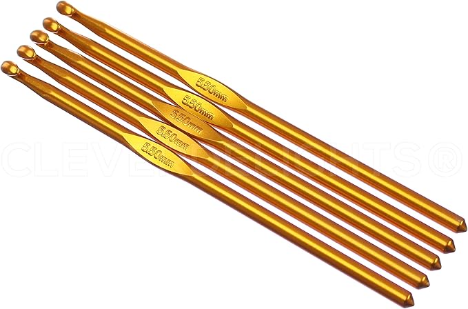 5 Pack - CleverDelights Size I (Size 9) Aluminum Crochet Hooks - 6" Length - 5.5mm Diameter - Knitting