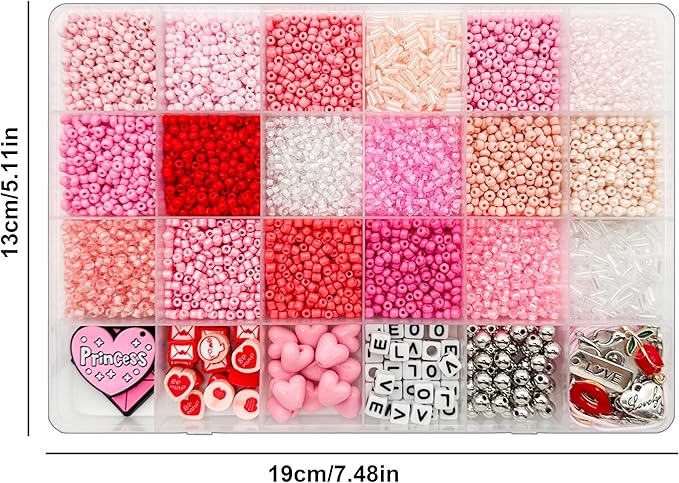 24 Grids Pink Colored Glass Seed Beads Kit for DIY Jewelry Making - Handmade Craft for Friendship Bracelet Necklace, with Heart Pendant, Letter Beads and Elastic line