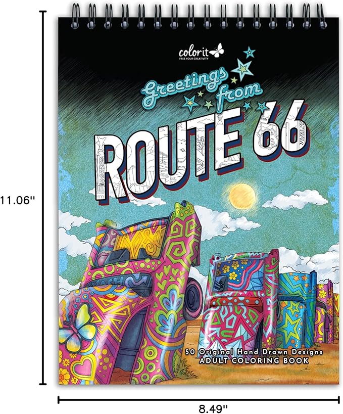ColorIt Route 66 Adult Coloring Book, 50 Iconic Stops, Sights, and Signs Along America’s Main Street, Printed on Thick Paper with Spiral Binding, Hardback Book Cover, Perforated Edges, and Ink Blotter