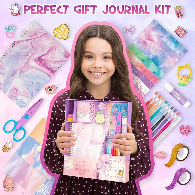 qiyvlos 2 pack diy journal kit for girls, journaling diary toys for ages 8-13, arts and crafts birthday stationary set gifts for teen girls ages 8 9 10 11 12 13 14 year old