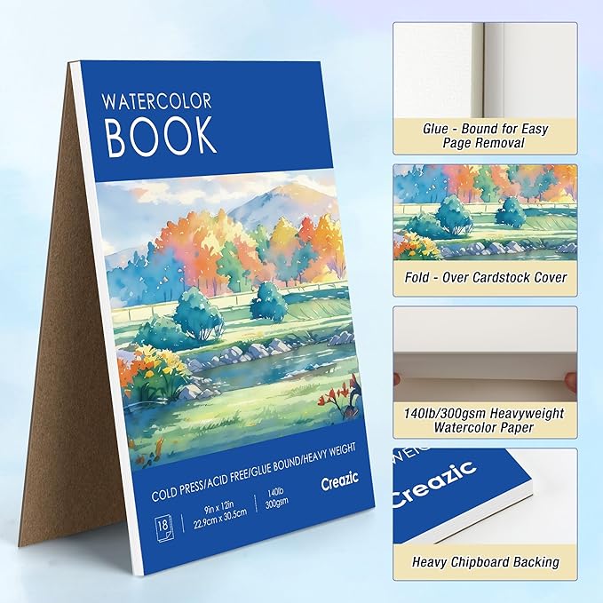 Watercolor Paper Pad 9"x12" (140lb/300gsm) - Acid-Free Artist Sketchbook| Cold-Pressed Heavyweight Water Color Paper for Adults, Kids & Beginners - Ideal for Watercolors, Mixed Media & Crafts (Blue)