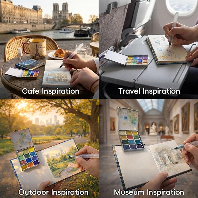 mini watercolor travel set, 12 Color Watercolor Paint Set (Pearl Shimmer) in Metal Tin with 300gsm Sketchbook, Portable Art Kit for Travel & Beginners(Inspired by Irises)