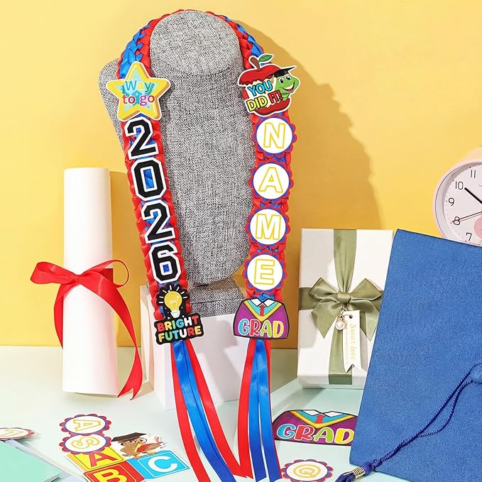 Juexica Kindergarten Graduation Ribbon Leis Class of 2026 Braided Necklace Making Kit with Alphabetic Decorative Cards Preschool Kids Grad Graduation Party Gifts(Red, Blue)