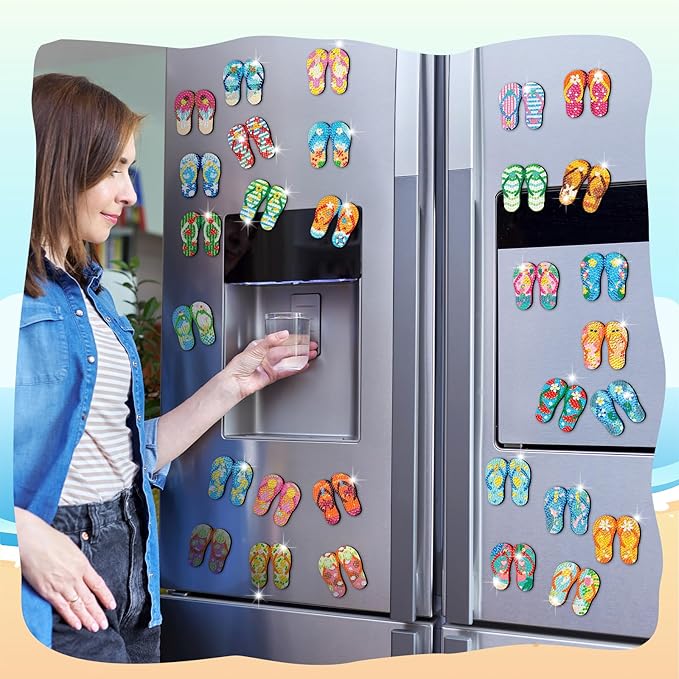 30 Pcs Summer Slipper Diamond Art Painting Magnets Fridge Magnetic Diamond Art Painting Kits Slippers Tropical Hawaiian Fridge Sticker Magnet DIY Craft for Adult Beginner Gifts Toy Home Office Decors