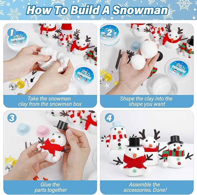 EOBOH 48 Pack Christmas Snowman Craft Kit, DIY Snowman Crafts for Kids, Build a Snowman Kit Indoor Decor, Creative Air Dry Modeling Clay, Xmas Making Kit Gift Toys for Holiday Party Supplies